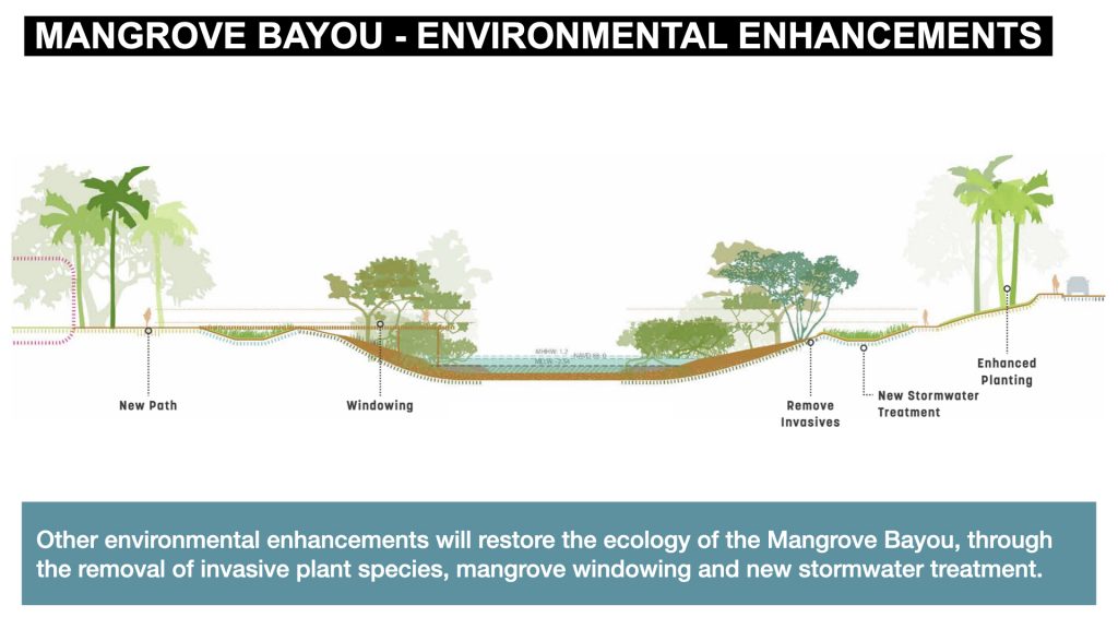 Other environmental enhancements will restore the ecology of the Mangrove Bayou, through the removal of invasive plant species, mangrove windowing and new stormwater treatment.